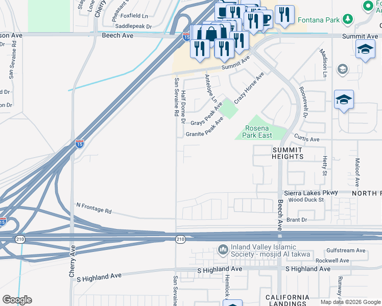 map of restaurants, bars, coffee shops, grocery stores, and more near 14956 Genoa Drive in Fontana