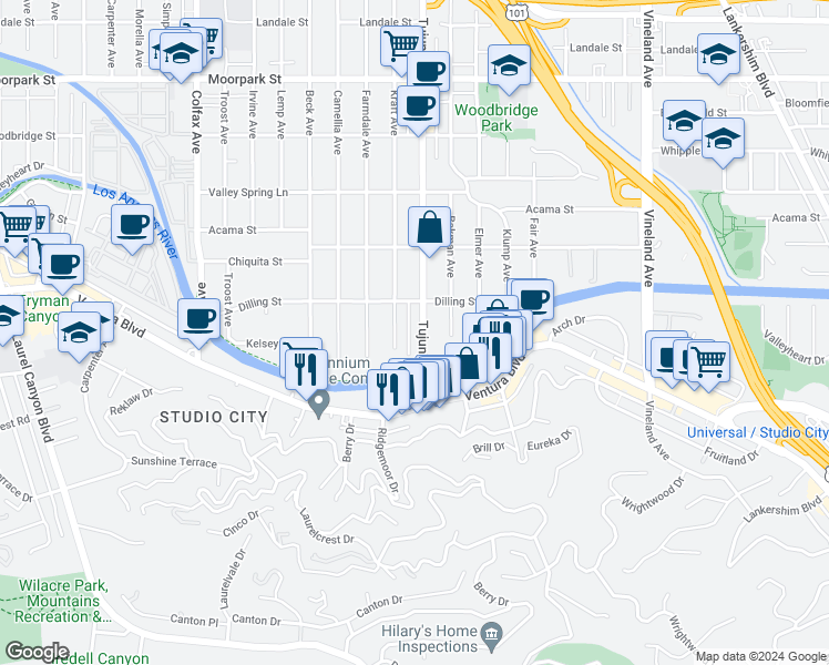 map of restaurants, bars, coffee shops, grocery stores, and more near 4083 Tujunga Avenue in Los Angeles