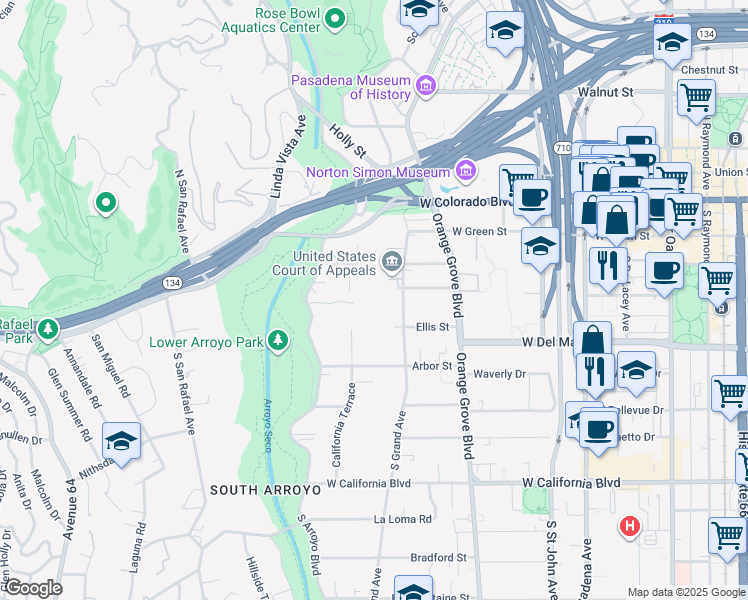 map of restaurants, bars, coffee shops, grocery stores, and more near 195 South Grand Avenue in Pasadena