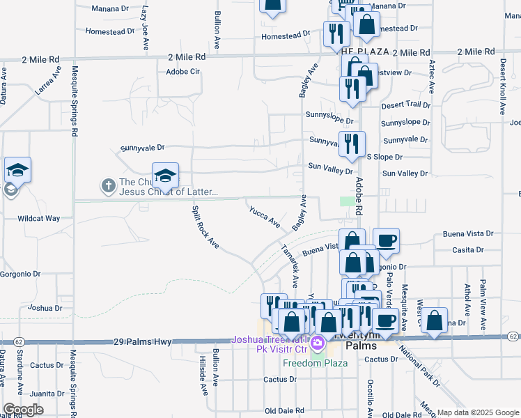 map of restaurants, bars, coffee shops, grocery stores, and more near 73408 Yucca Avenue in Twentynine Palms