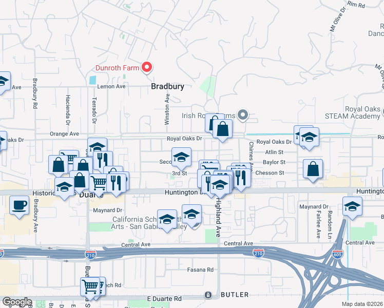 map of restaurants, bars, coffee shops, grocery stores, and more near 1656 Royal Oaks Drive in Duarte
