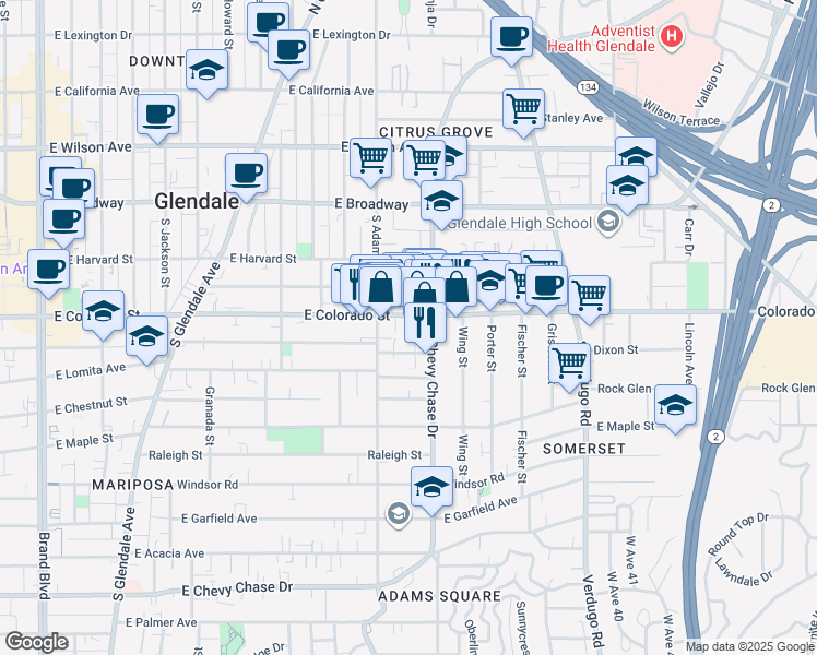 map of restaurants, bars, coffee shops, grocery stores, and more near 1129 East Colorado Street in Glendale