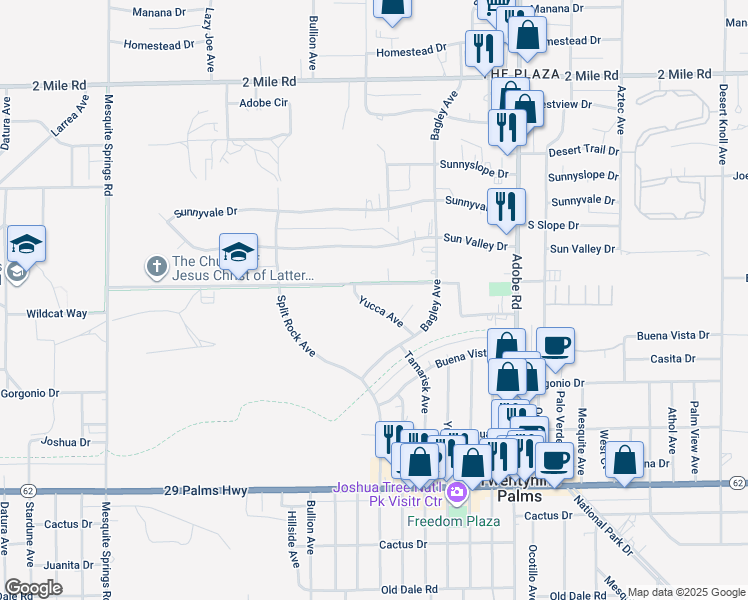 map of restaurants, bars, coffee shops, grocery stores, and more near 73408 Yucca Avenue in Twentynine Palms