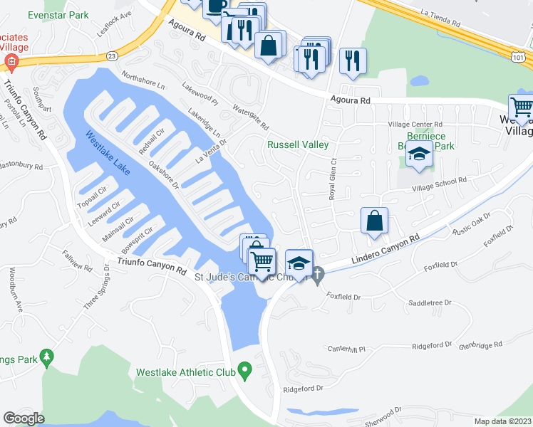 map of restaurants, bars, coffee shops, grocery stores, and more near 32172 Beachlake Lane in Westlake Village