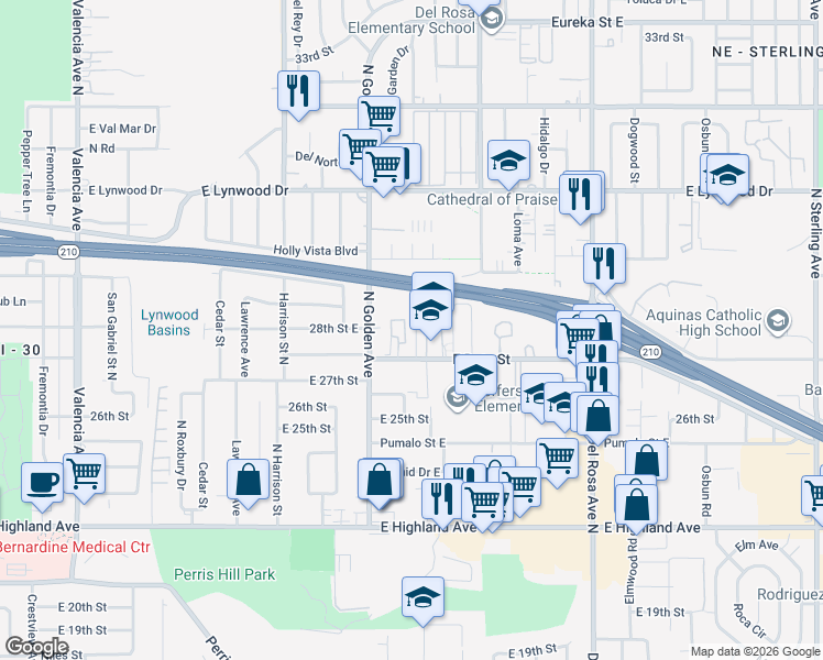 map of restaurants, bars, coffee shops, grocery stores, and more near 2778 Conejo Drive in San Bernardino