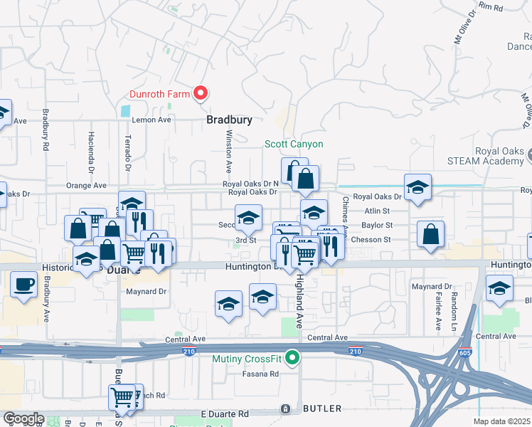 map of restaurants, bars, coffee shops, grocery stores, and more near 1702 1st Street in Duarte