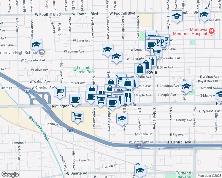 map of restaurants, bars, coffee shops, grocery stores, and more near 335 West Chestnut Avenue in Monrovia