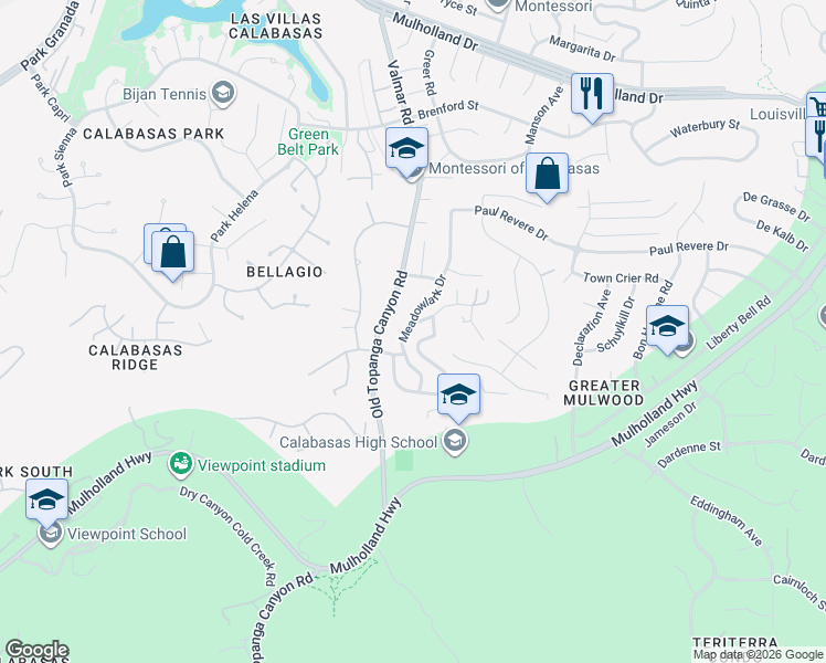 map of restaurants, bars, coffee shops, grocery stores, and more near 4080 Meadowlark Drive in Calabasas