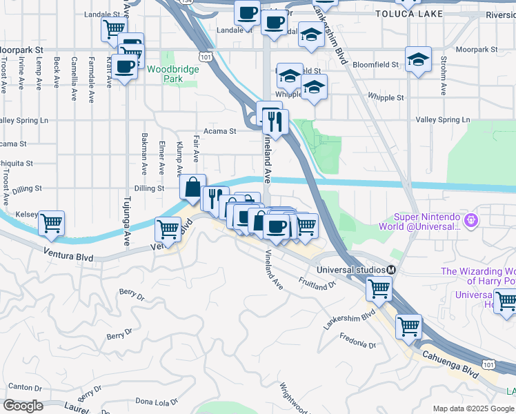 map of restaurants, bars, coffee shops, grocery stores, and more near 4140 Arch Drive in Los Angeles