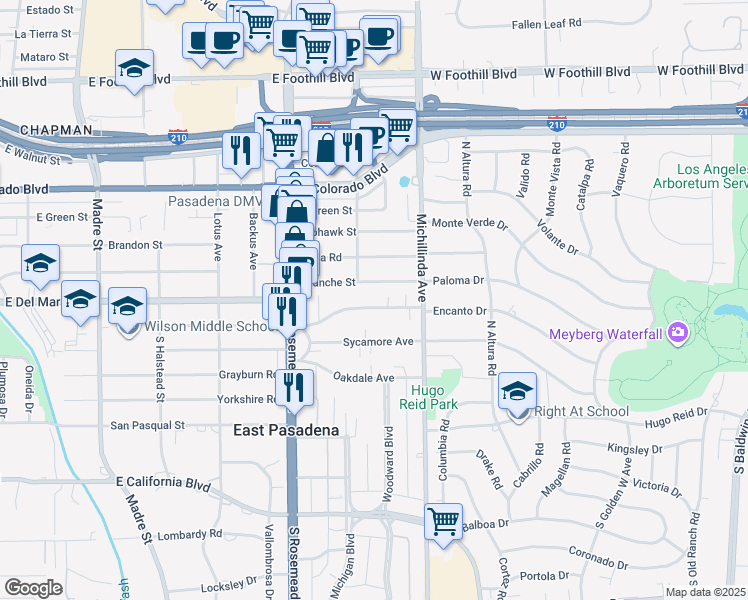 map of restaurants, bars, coffee shops, grocery stores, and more near 3837 Mountain View Avenue in Pasadena