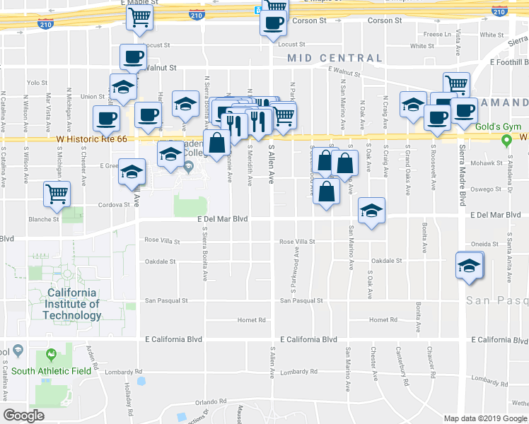map of restaurants, bars, coffee shops, grocery stores, and more near 205 South Allen Avenue in Pasadena