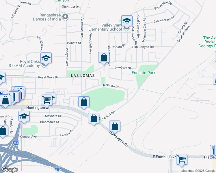 map of restaurants, bars, coffee shops, grocery stores, and more near 2790 Hacienda Drive in Duarte