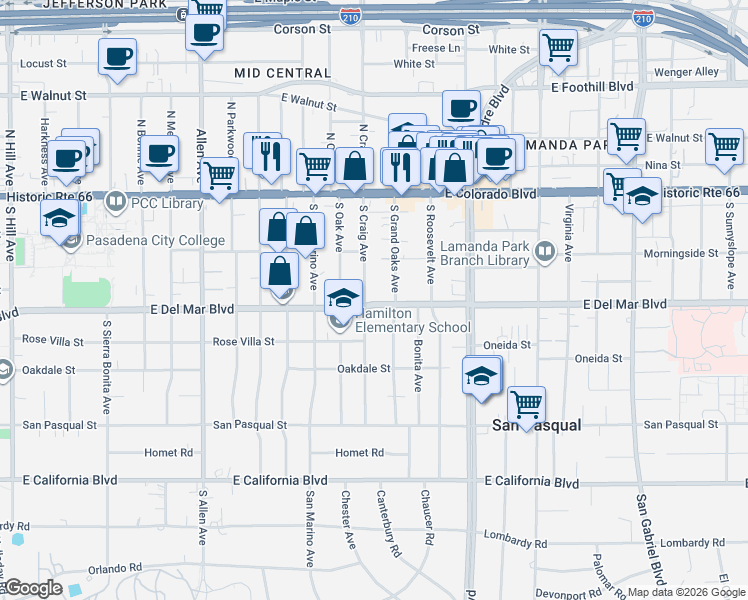map of restaurants, bars, coffee shops, grocery stores, and more near 2163 East Del Mar Boulevard in Pasadena