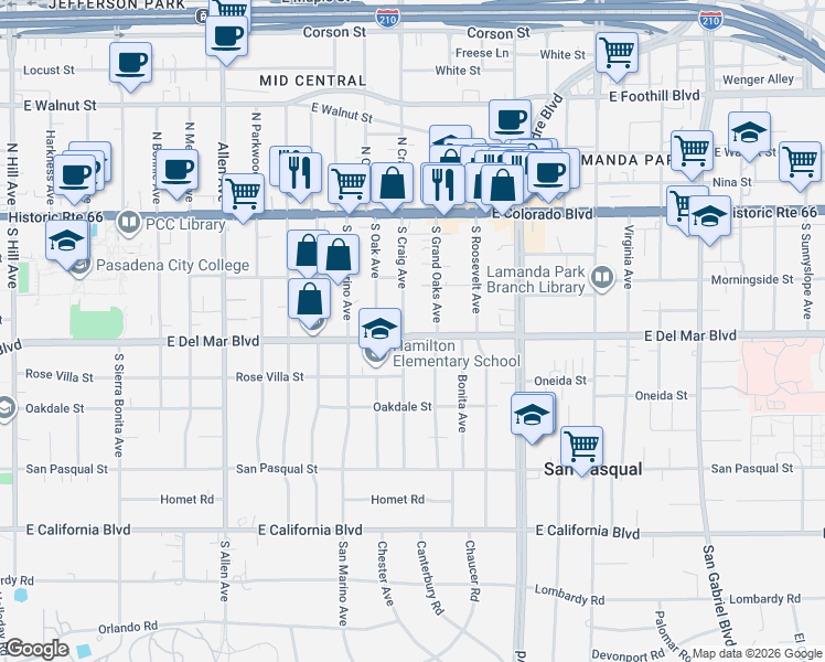 map of restaurants, bars, coffee shops, grocery stores, and more near 2163 East Del Mar Boulevard in Pasadena