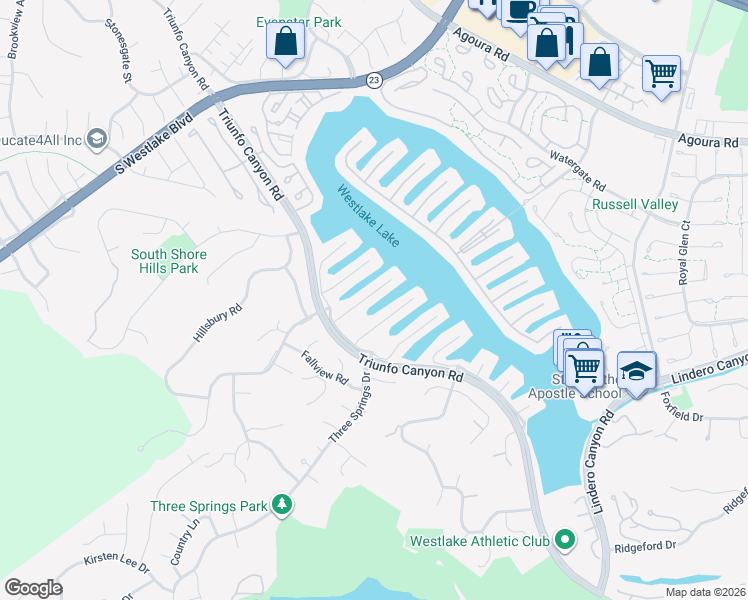 map of restaurants, bars, coffee shops, grocery stores, and more near 2394 Leeward Circle in Westlake Village