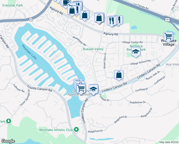 map of restaurants, bars, coffee shops, grocery stores, and more near 32109 Beachview Lane in Westlake Village