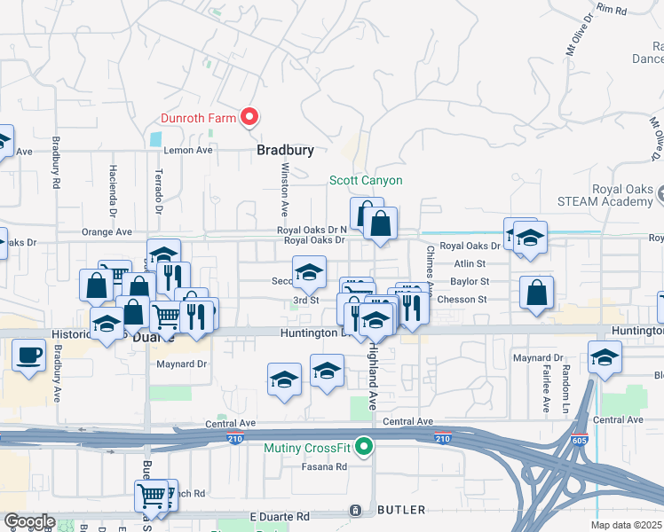 map of restaurants, bars, coffee shops, grocery stores, and more near 1702 1st Street in Duarte