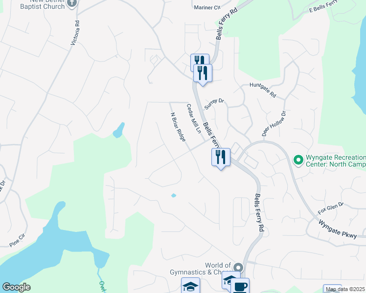 map of restaurants, bars, coffee shops, grocery stores, and more near 303 North Briar Ridge in Woodstock