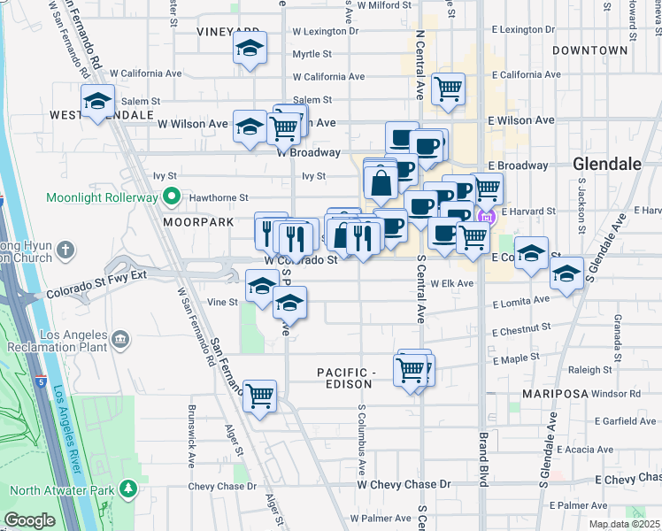 map of restaurants, bars, coffee shops, grocery stores, and more near 430 West Colorado Street in Glendale