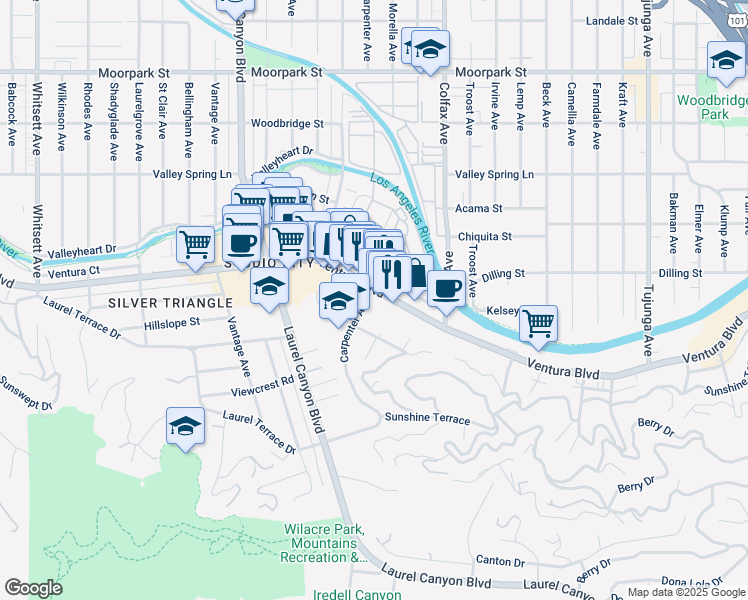 map of restaurants, bars, coffee shops, grocery stores, and more near 11855 Ventura Boulevard in Los Angeles