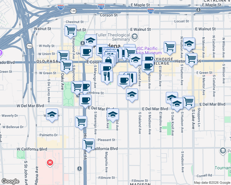 map of restaurants, bars, coffee shops, grocery stores, and more near 325 Cordova Street in Pasadena