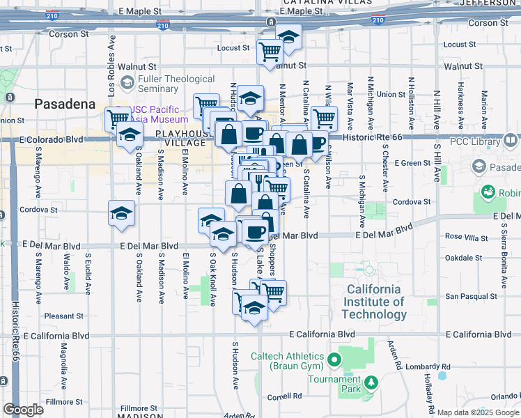map of restaurants, bars, coffee shops, grocery stores, and more near 210 South Lake Avenue in Pasadena