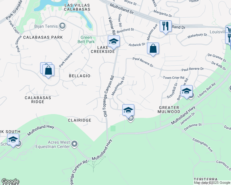 map of restaurants, bars, coffee shops, grocery stores, and more near 4126 Meadowlark Drive in Calabasas