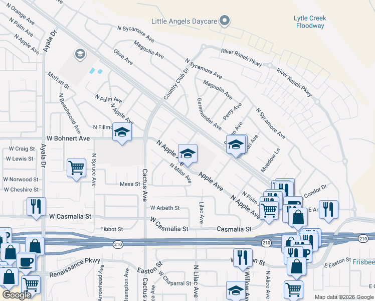 map of restaurants, bars, coffee shops, grocery stores, and more near 141 West Columbine Avenue in Rialto