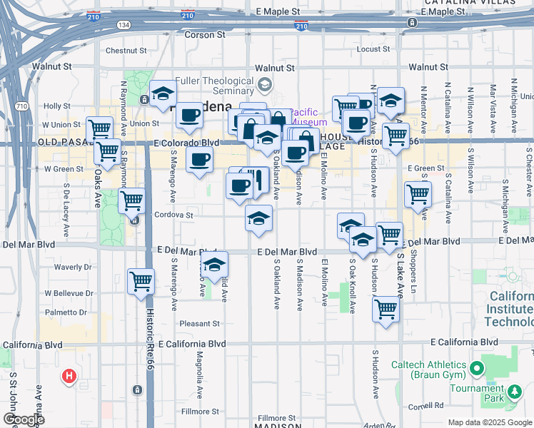 map of restaurants, bars, coffee shops, grocery stores, and more near 388 Cordova Street in Pasadena