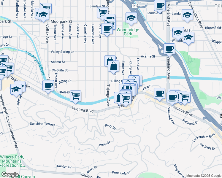 map of restaurants, bars, coffee shops, grocery stores, and more near 4122 Tujunga Avenue in Los Angeles