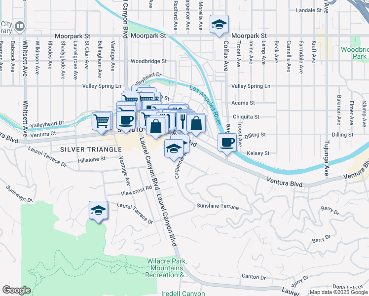 map of restaurants, bars, coffee shops, grocery stores, and more near 11930 Ventura Boulevard in Los Angeles