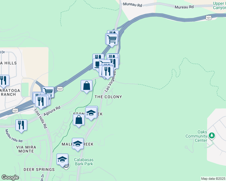 map of restaurants, bars, coffee shops, grocery stores, and more near 4684 Luna Court in Calabasas