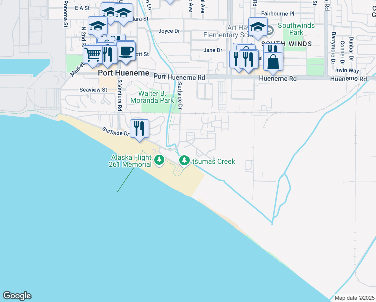 map of restaurants, bars, coffee shops, grocery stores, and more near 572 Ebbtide Circle in Port Hueneme