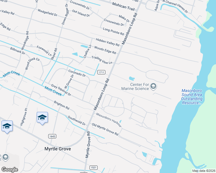 map of restaurants, bars, coffee shops, grocery stores, and more near 5021 Masonboro Loop Road in Wilmington