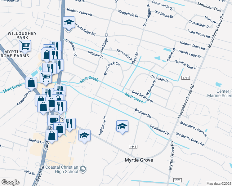 map of restaurants, bars, coffee shops, grocery stores, and more near 5705 Highgrove Place in Wilmington