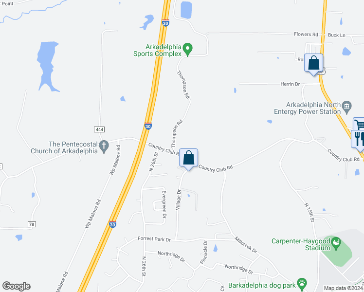 map of restaurants, bars, coffee shops, grocery stores, and more near 2508 Country Club Road in Arkadelphia