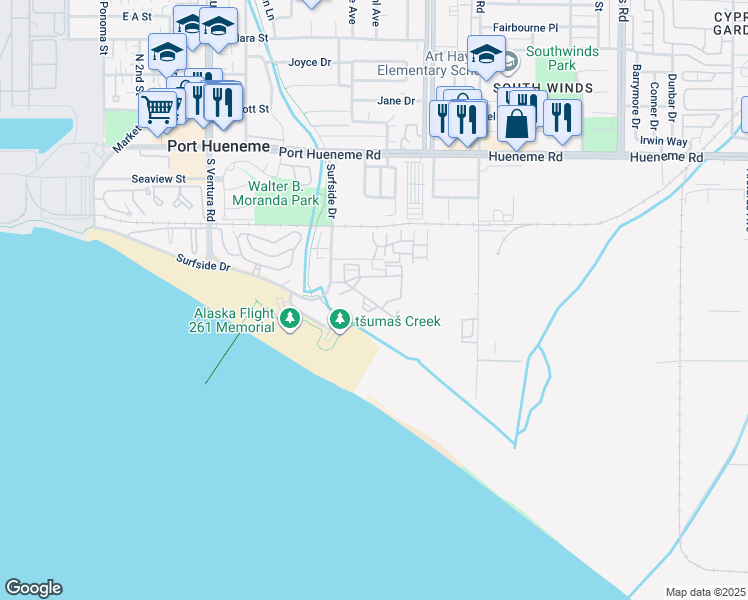 map of restaurants, bars, coffee shops, grocery stores, and more near 671 Bluewater Way in Port Hueneme