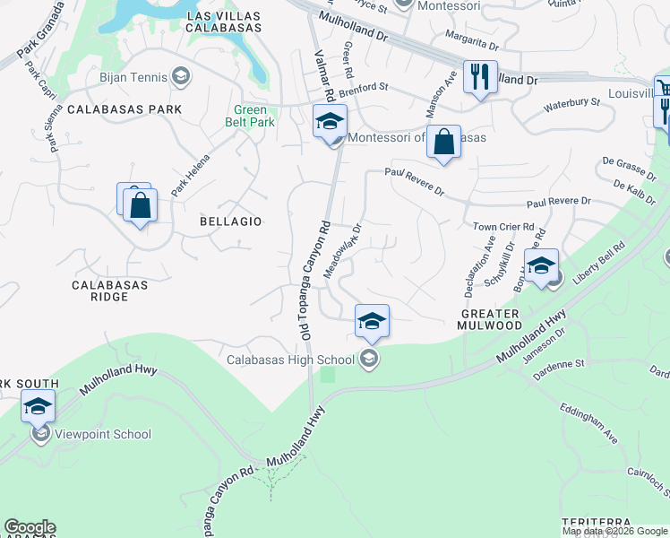 map of restaurants, bars, coffee shops, grocery stores, and more near 4080 Meadowlark Drive in Calabasas