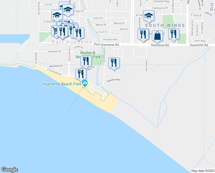 map of restaurants, bars, coffee shops, grocery stores, and more near 572 Ebbtide Circle in Port Hueneme