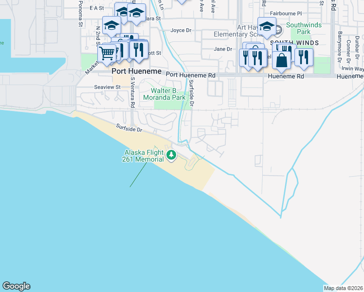 map of restaurants, bars, coffee shops, grocery stores, and more near 343 East Surfside Drive in Port Hueneme