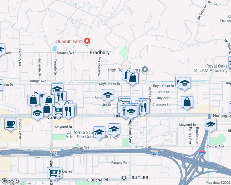 map of restaurants, bars, coffee shops, grocery stores, and more near 1702 1st Street in Duarte
