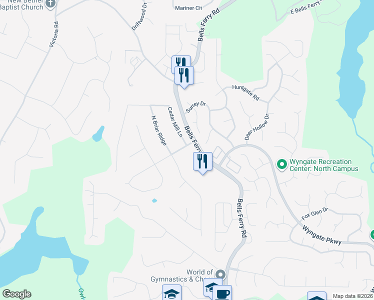 map of restaurants, bars, coffee shops, grocery stores, and more near 105 Black Oak Trail in Woodstock