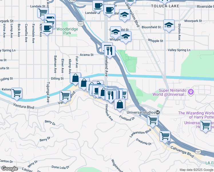 map of restaurants, bars, coffee shops, grocery stores, and more near 4100 Vineland Avenue in Los Angeles
