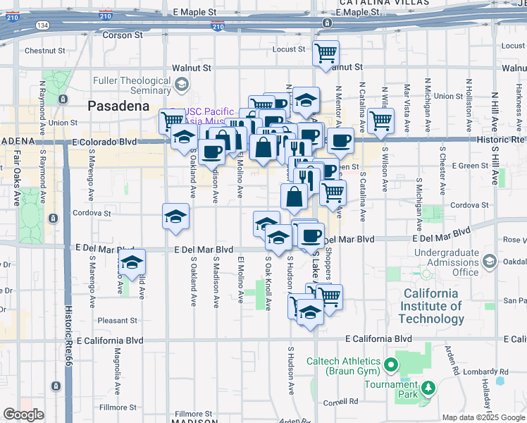 map of restaurants, bars, coffee shops, grocery stores, and more near 201 South Oak Knoll Avenue in Pasadena