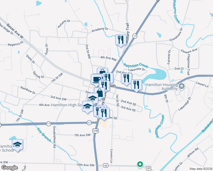 map of restaurants, bars, coffee shops, grocery stores, and more near in Hamilton