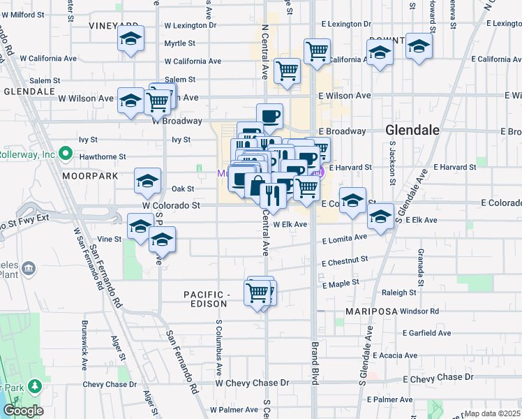 map of restaurants, bars, coffee shops, grocery stores, and more near 2195 Galleria Way in Glendale