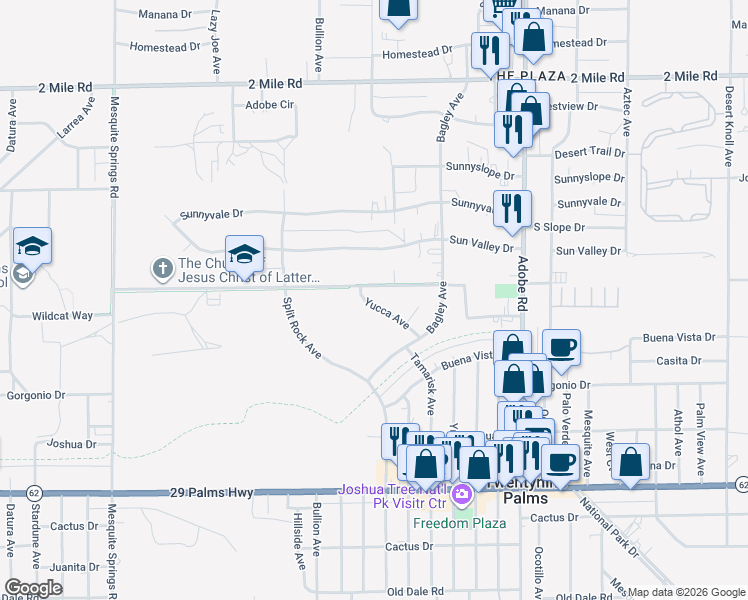 map of restaurants, bars, coffee shops, grocery stores, and more near 73390 El Paseo Drive in Twentynine Palms
