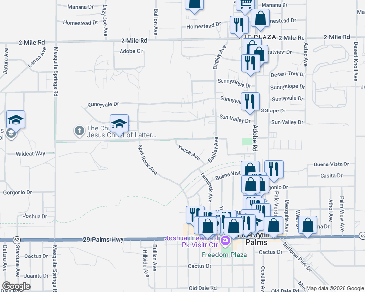 map of restaurants, bars, coffee shops, grocery stores, and more near 73402 Yucca Avenue in Twentynine Palms