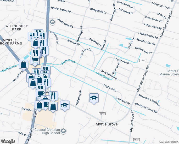 map of restaurants, bars, coffee shops, grocery stores, and more near 5705 Highgrove Place in Wilmington