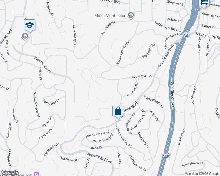 map of restaurants, bars, coffee shops, grocery stores, and more near 15950 Royal Oak Road in Los Angeles